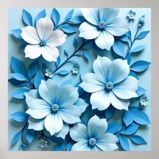 💙 Blauwe papieren bloemige origami kunst moderne Poster (Voorkant)