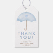 Blauwe Paraplu Baby Sprinkle Favor Tag Cadeaulabel (Voorkant)