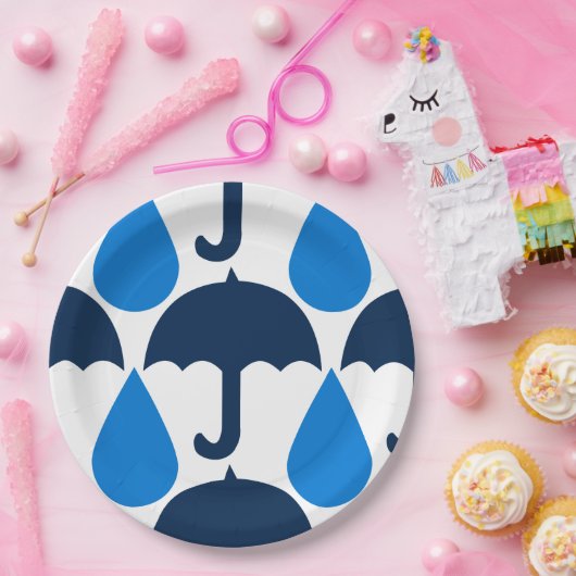 Blauwe paraplu en regendruppelpatroon ontwerp papieren bordje (Feest)