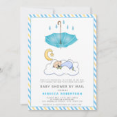 Blauwe paraplu, slapende baby boy shower per post kaart (Voorkant)