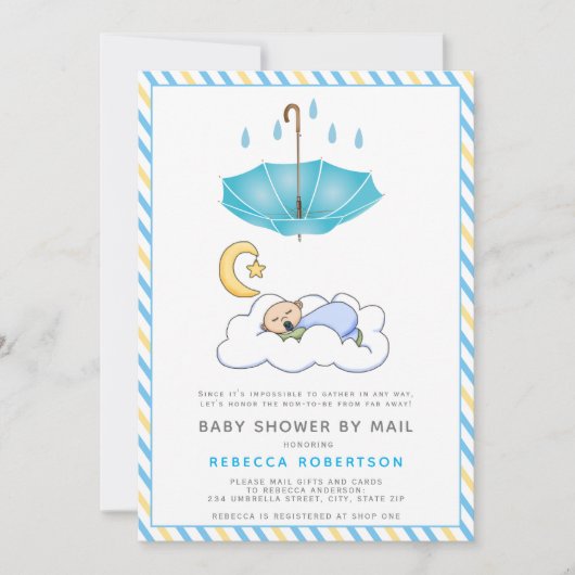 Blauwe paraplu, slapende baby boy shower per post kaart (Voorkant)