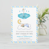 Blauwe paraplu, slapende baby boy shower per post kaart (Staand voorkant)