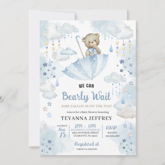 Blauwe Paraplu Teddybeer Baby Sprinkle Baby Shower Kaart (Voorkant)