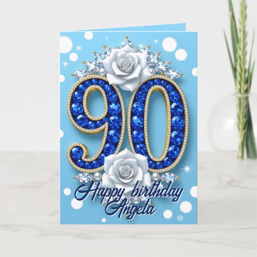 Blauwe Pareltjes, witte rozen en parels 90ste verj Kaart (Voorkant)