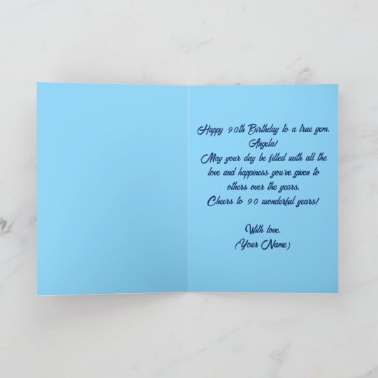 Blauwe Pareltjes, witte rozen en parels 90ste verj Kaart (Binnen)