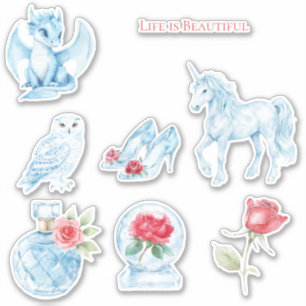 Blauwe parfumfles Roos Uil Draak Eenhoorn Sticker