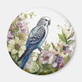 Blauwe parkiet en bloemen magneet