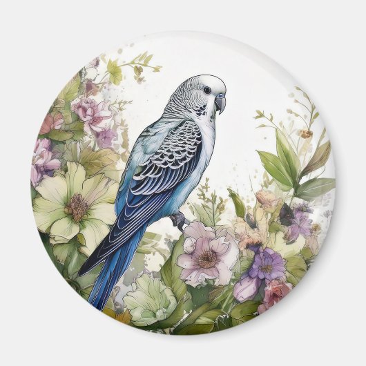 Blauwe parkiet en bloemen magneet (Voorkant)