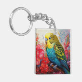Blauwe parkiet met bloemen sleutelhanger (Voorkant Links)