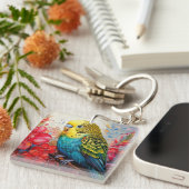 Blauwe parkiet met bloemen sleutelhanger (Voorkant Rechts)