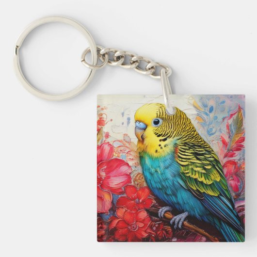 Blauwe parkiet met bloemen sleutelhanger (Voorkant)