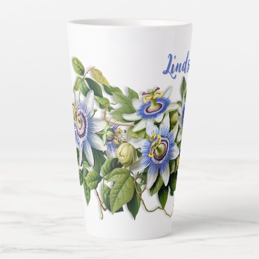 Blauwe Passiebloemen gepersonaliseerd Latte Mok (Voorkant)