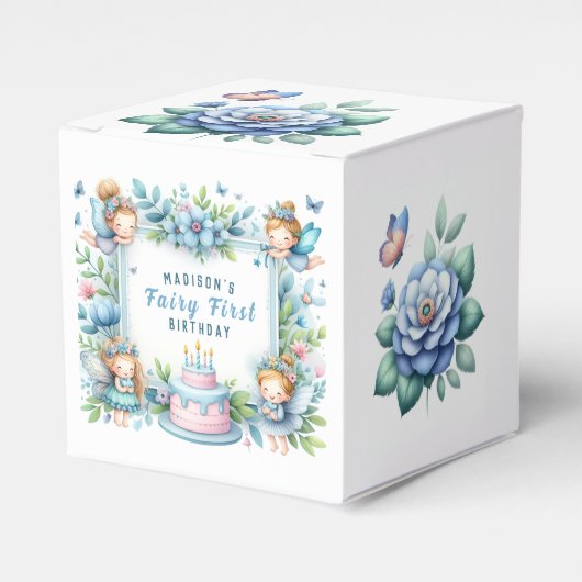 Blauwe Pastel Bloem Fee Eerste Verjaardag - Bedankdoosjes (Voorkant Zijde)