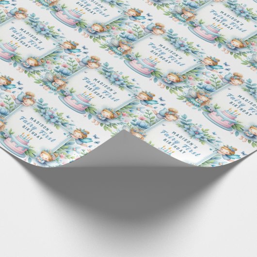 Blauwe Pastel Bloemenfee Eerste Verjaardag - Cadeaupapier (Hoek)