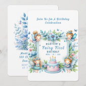 Blauwe Pastel Bloemenfee Eerste Verjaardag - Kaart (Voorkant / Achterkant)