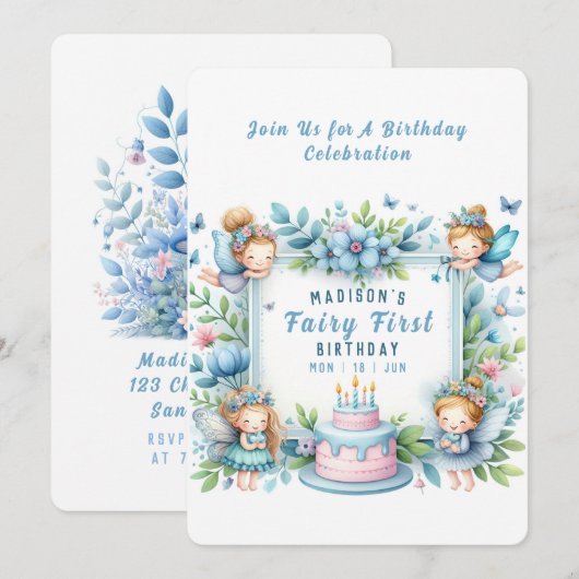 Blauwe Pastel Bloemenfee Eerste Verjaardag - Kaart (Voorkant / Achterkant)