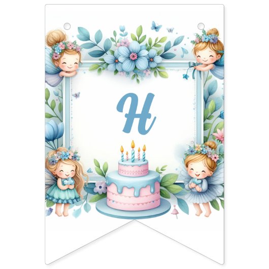 Blauwe Pastel Bloemenfee Eerste Verjaardag - Vlaggetjes (Tweede vlag)