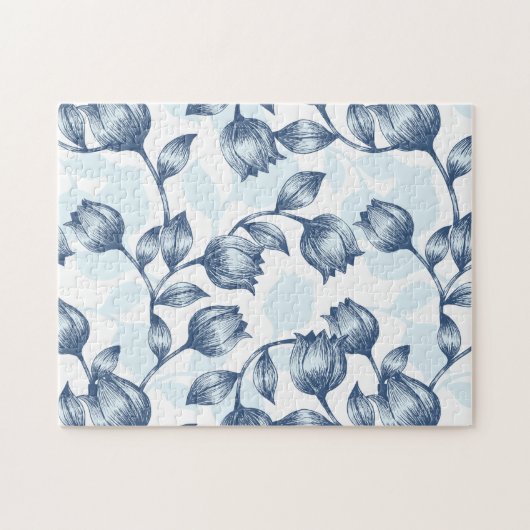 Blauwe pastel Elegantie: Tulp Silhouet Bloemen Pat Legpuzzel (Horizontaal)