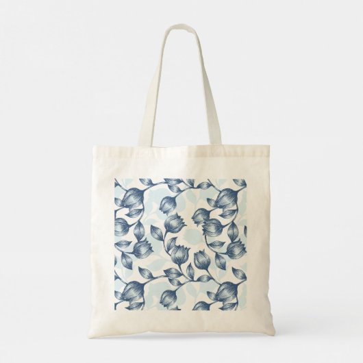 Blauwe pastel Elegantie: Tulp Silhouet Bloemen Pat Tote Bag (Achterkant)