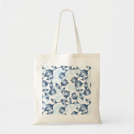 Blauwe pastel Elegantie: Tulp Silhouet Bloemen Pat Tote Bag (Voorkant)