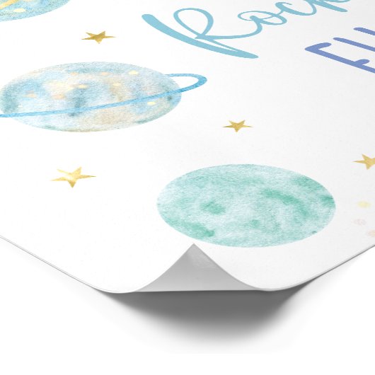 Blauwe Pastel Galaxy Space Raket Fuel Party Teken Poster (Hoek)