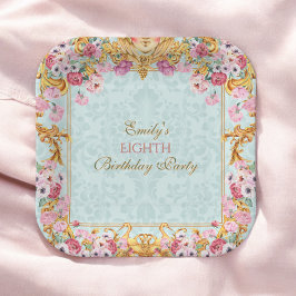 Blauwe pastel goud achtste barokke rococo verjaard papieren bordje