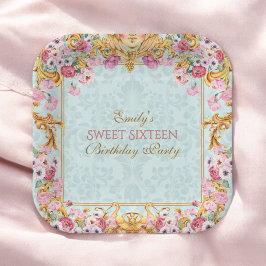 Blauwe Pastel Goud Sweet 16 Barokke Rococo Verjaar Papieren Bordje