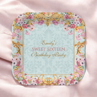 Blauwe Pastel Goud Sweet 16 Barokke Rococo Verjaar Papieren Bordje