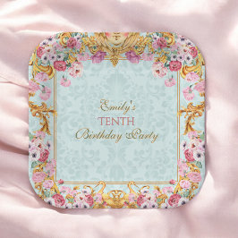 Blauwe pastel goud tiende barokke rococo verjaarda papieren bordje