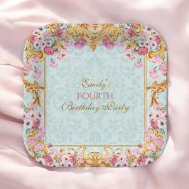 Blauwe pastel goud vierde barokke rococo verjaarda papieren bordje