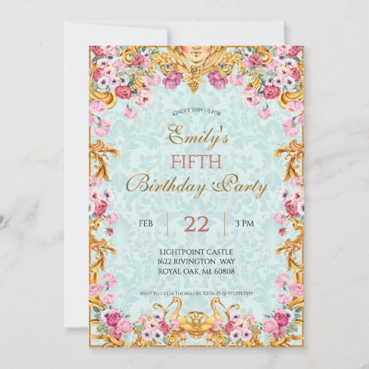 Blauwe pastel goud vijfde barokke rococo verjaarda kaart (Voorkant)