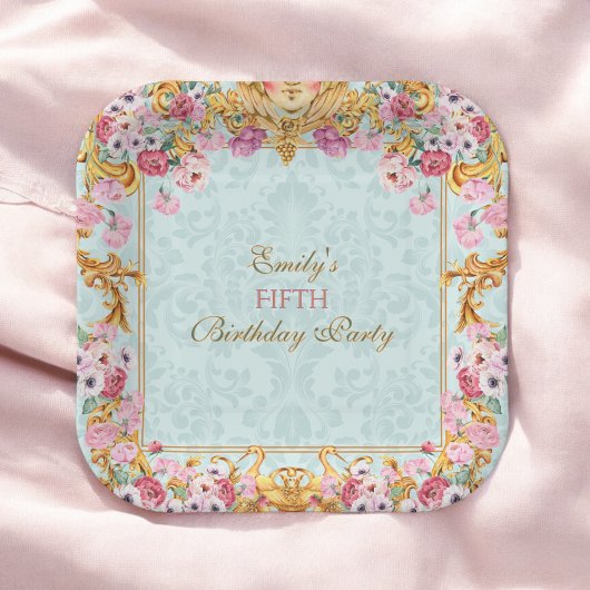 Blauwe pastel goud vijfde barokke rococo verjaarda papieren bordje