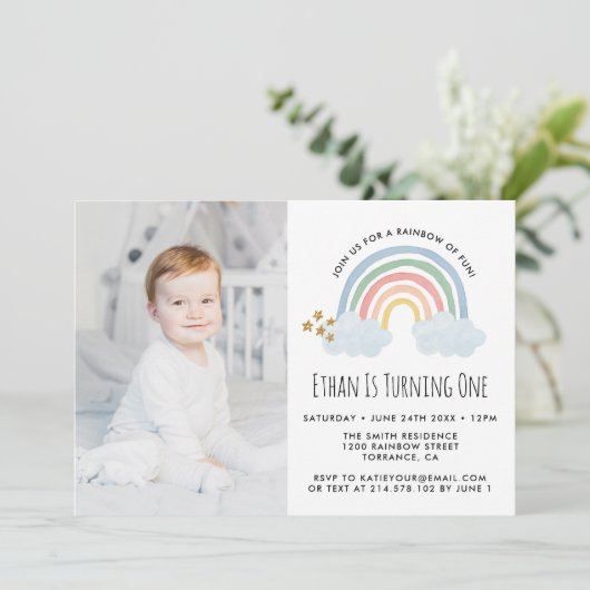 Blauwe Pastel Regenboog van Plezier 1e Verjaardag  Kaart (Staand voorkant)