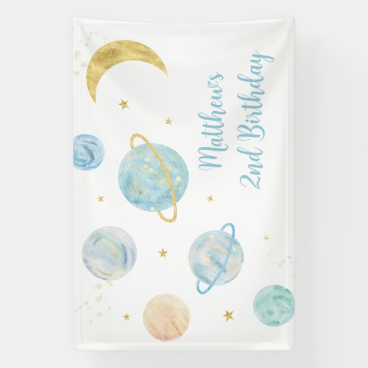 Blauwe Pastel Twee de Maan Ruimte Verjaardag Spandoek (Verticaal)