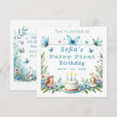 Blauwe pastel vlinder fee eerste verjaardag - kaart (Voorkant / Achterkant)