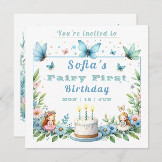 Blauwe pastel vlinder fee eerste verjaardag - kaart (Voorkant / Achterkant)