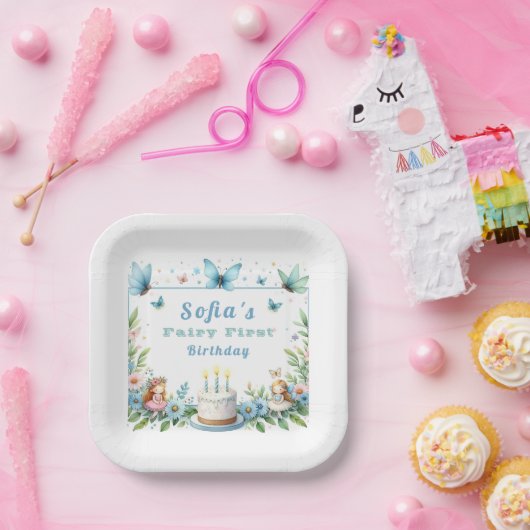 Blauwe pastel vlinder fee eerste verjaardag - papieren bordje (Feest)