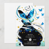 Blauwe pastel vlinder verjaardag kaart (Voorkant / Achterkant)