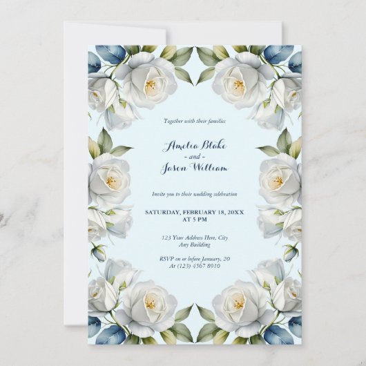 Blauwe Pastel Witte Rose Bloemen Border Wedding Kaart (Voorkant)