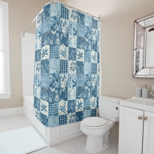 Blauwe Patchwork Dekens Rustieke Bloemen Retro Douchegordijn (In situ)