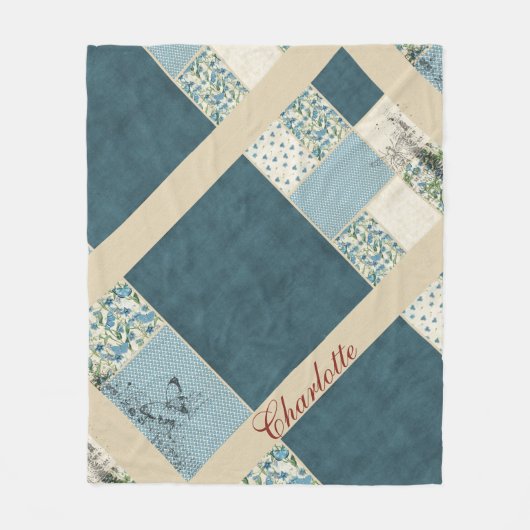Blauwe Patchwork Fleece Deken (Voorkant)
