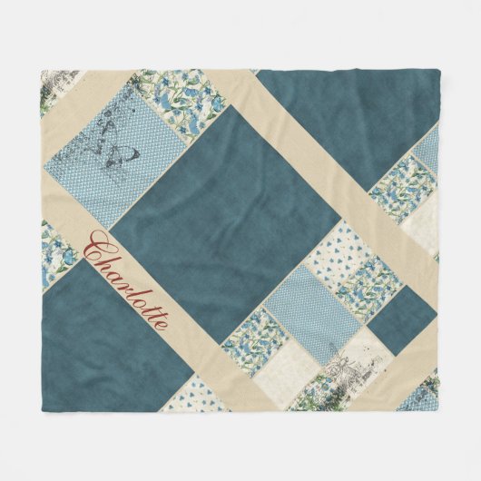 Blauwe Patchwork Fleece Deken (Voorkant (Horizontaal))