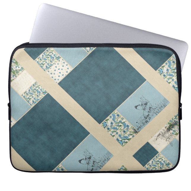 Blauwe Patchwork Laptop Elektronica Hoes (Voorkant)