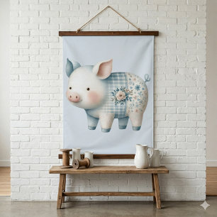 Blauwe Patchwork Varken Cottagecore Illustratie Hangend Wandkleed