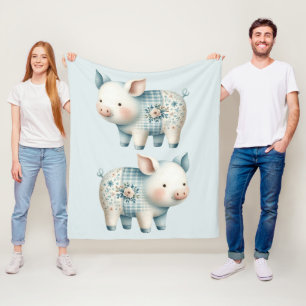 Blauwe Patchwork Varkenshuis Cottagecore Illustrat Fleece Deken