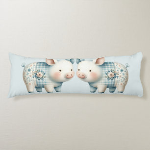 Blauwe Patchwork Varkenshuis Cottagecore Illustrat Lichaamskussen