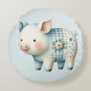 Blauwe Patchwork Varkenshuis Cottagecore Illustrat Rond Kussen