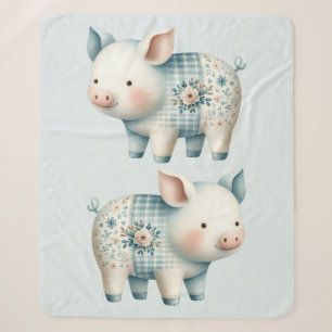 Blauwe Patchwork Varkenshuis Cottagecore Illustrat Sherpa Deken
