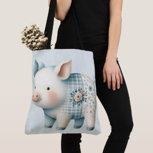 Blauwe Patchwork Varkenshuis Cottagecore Illustrat Tote Bag