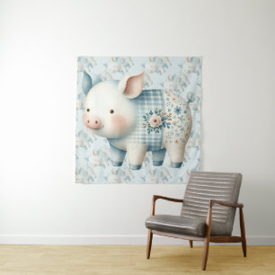 Blauwe Patchwork Varkenshuis Cottagecore Illustrat Wandkleed